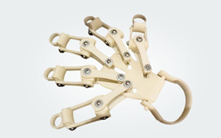 The finished mechanical exoskeleton hand, at human hand scale
